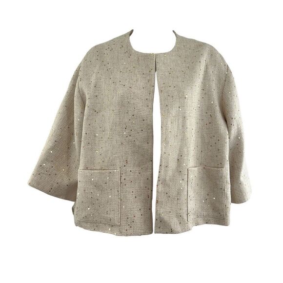 Louben Women's Size 6 Ivory Gold Sequins Open Front Textured Linen Blend Blazer - Picture 1 of 14